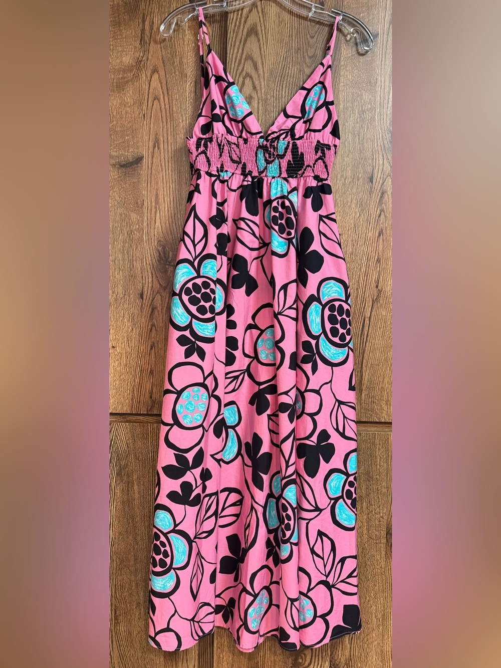 Zara Pink Floral Maxi Sundress with Teal Accents.  Has Pockets